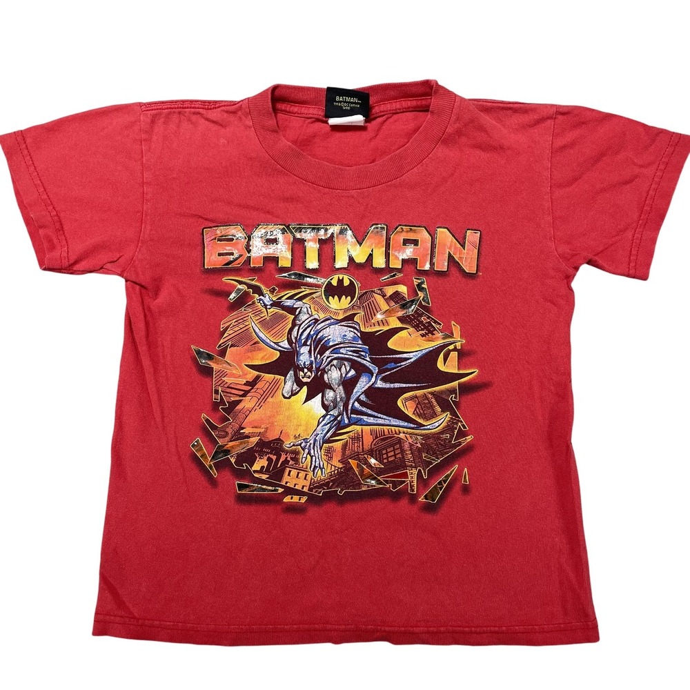 Batman Shirt Kids Large Red Gotham City Graphic Tee DC Comics Superhero VTG 2005